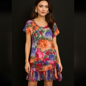 Vintage 80s Maxilou Floral Drop Waist Dress Sz 4 Pleated Ruffle Hem Hi Low Boho